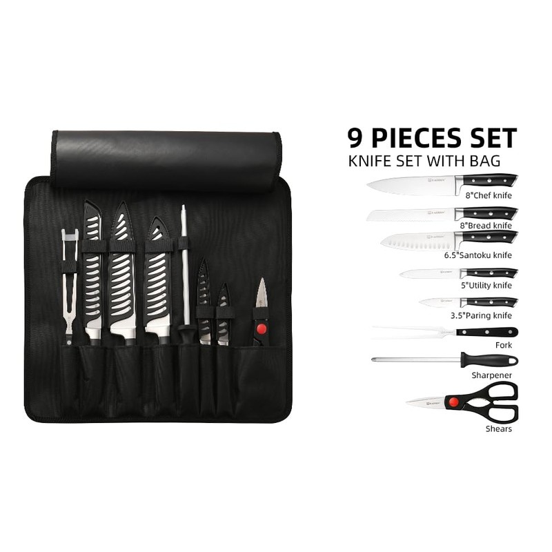 KATISUN Chef Knife Set with Bag, 9 Pieces German Stainless