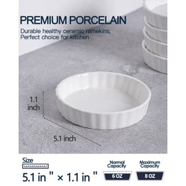 Taeochiy 8 Oz Creme Brulee Ramekins, Porcelain Ramekins Oven Safe, Round Tart Pan Mini Fluted Quiche Dishes, Set of 6, White