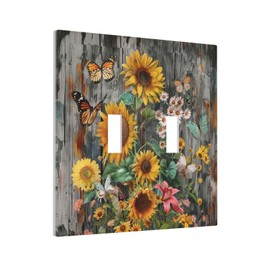 Tewujay Light Switch Cover Spring Rustic Sunflower Daisy Butterfly Wood 2 Gang Wall Plate Double Light Switch Plate Toggle Decorative Outlet Covers Electrical Switchplate for Bathroom Bedroom Decor