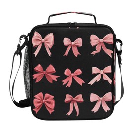 Lonchera con lazo rojo rosa y negro, bolsa de almuerzo aislada para niños, bolsa de almuerzo congelable con correa de hombro para niñas, escuela de picnic