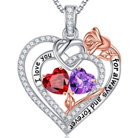 TINGN Valentines Gifts for Her, 925 Sterling Silver January February Birthstone Necklace Garnet Amethyst Jewellery Rose Heart Necklace Anniversary Birthday Day Gifts for Women Wife Girlfriend