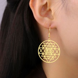 Sri Yantra Chakra Dangle Drop Earrings Hinduism Symbol Sacred Geometry Hoop Earrings Hindu Meditation Talisman Yoga Jewelry Religion Gift for Women (gold)