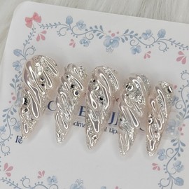 Silver Embedded Wave Handmade Nail Tips - Oval S / 실버 임베드 웨이브 수제네일팁 - 오벌S