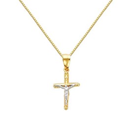 The World Jewelry Center 14k REAL Two Tone Gold Jesus Cross Religious Pendant with 0.65mm Box Link Chain Necklace - 22"
