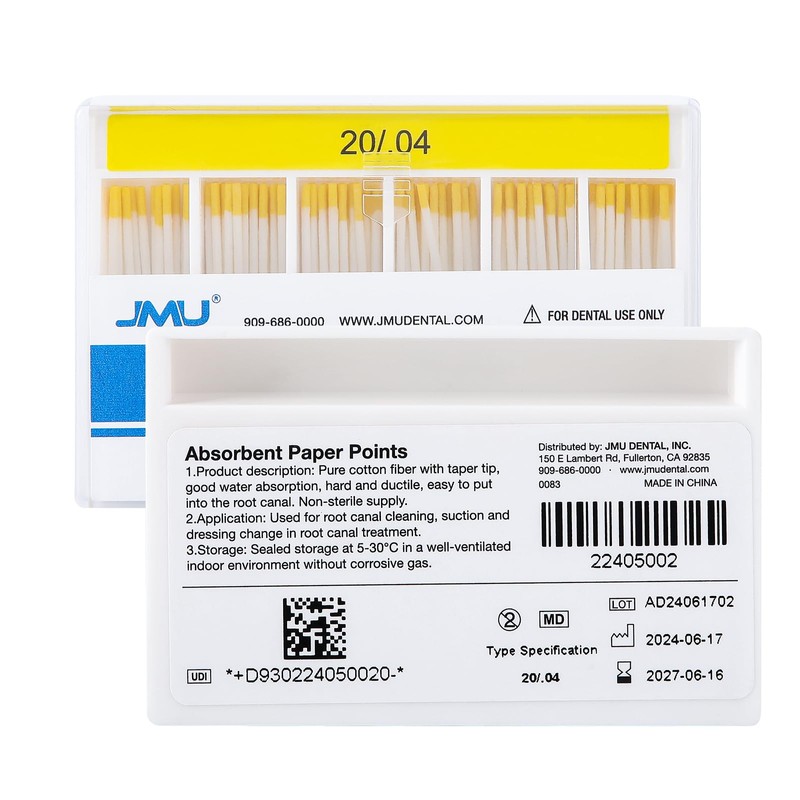 JMU Absorbent Paper Points .04 Taper #20, Spill-Proof Box, 100pcs/Pack