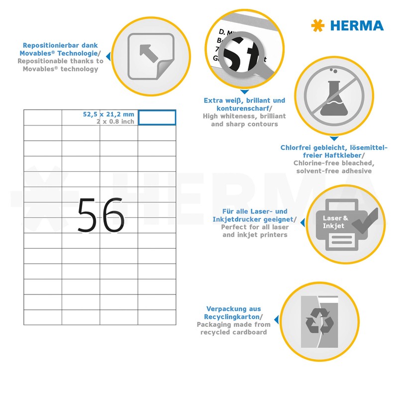 HERMA HERMA 5080 Universal Etiketten ablösbar, 25 Blatt, 52,5 x