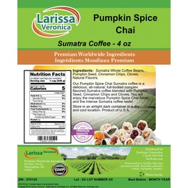 Pumpkin Spice Chai Sumatra Coffee (Gourmet, Naturally Flavored, Whole Coffee Beans) (4 oz, ZIN: 570124) - 3 Pack