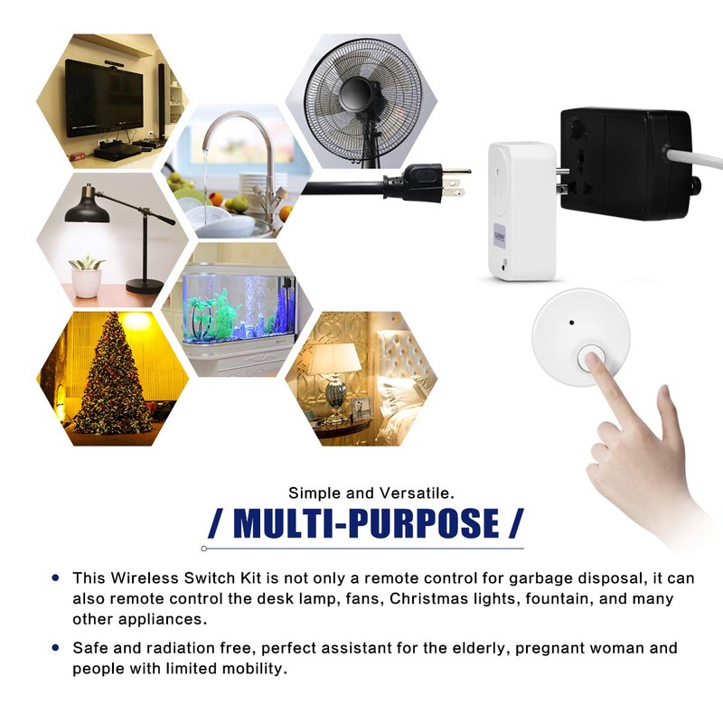 Garbage Disposal Wireless Switch Kit, Self-Powered Portable Remote Control Outlet