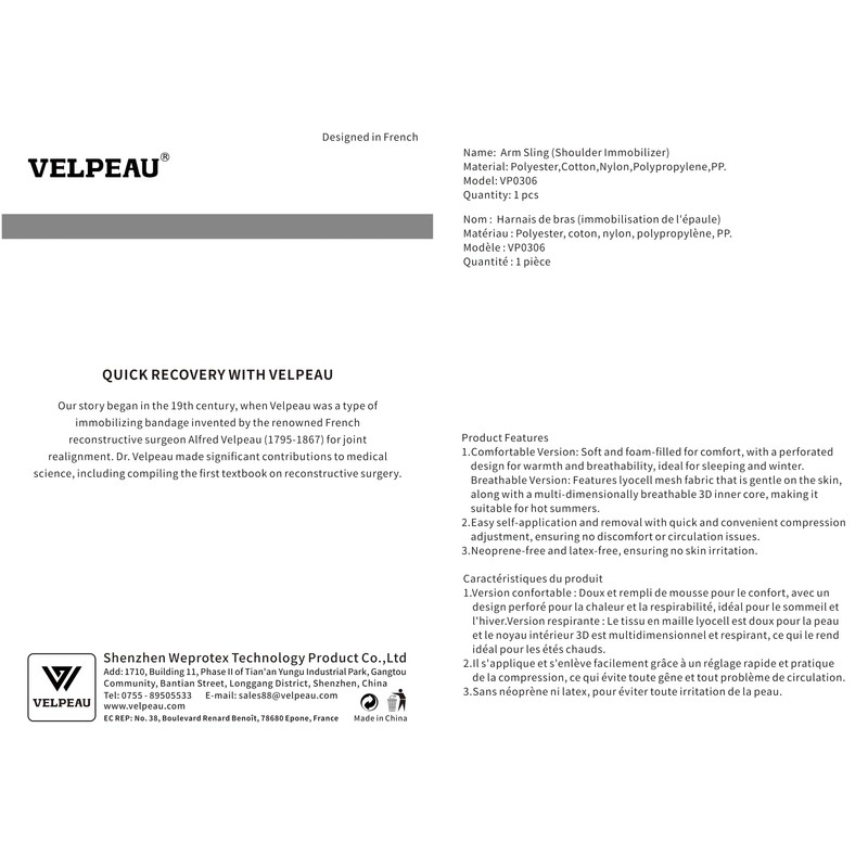 VELPEAU Arm Sling Shoulder Immobilizer- Rotator Cuff Support Brace- Comfortable
