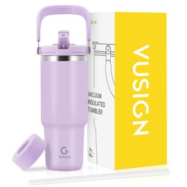 VUSIGN 30 oz Tumbler with Handle and Flip Straw, Stainless Steel Vacuum Insulated Water Bottle Travel Mug Thermal Cup for Home, Office, Car, Outdoors, Sports, Orchid