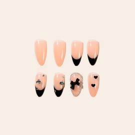 SINHOT Stiletto Press on Nails Long - 3D Black Bowknot & Rhinestones Almond Nail Art, French Tip DIY Fake Nails with Glossy Glue on Nails, 24Pcs