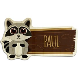 printplanet Wooden Door Sign with Name Paul - Raccoon Motif - Name Plate, Wooden Plaque, Children's Room Sign