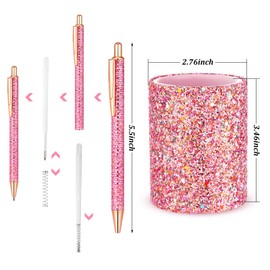 Bling Sequin Pen Holder with 6 Pcs Sequin Click Pens Cute Glitter Retractable Ballpoint Pens, Pencil Cups for Desk Organizer Makeup Brush Holder for Women Girls Classroom Offices(Pink)