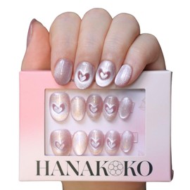 Hanakoko Press on Nails Handmade Nails 3D Press on Nails Short Medium Oval Almond Nails Fake Nails Glitter Cat Eye Nails Gel Nails Durable Reusable False Nails 10 Pcs (Cat Eye Heart Pink, L)
