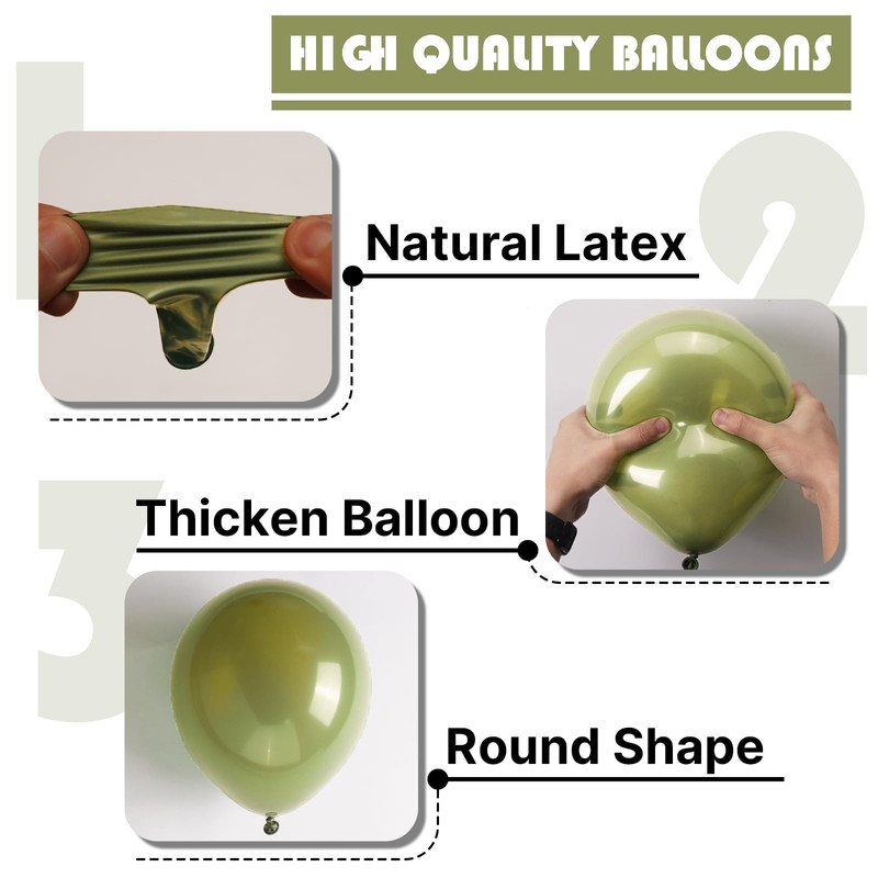PartyWoo Sage Green Balloons 120 pcs Olive Balloons Different Sizes