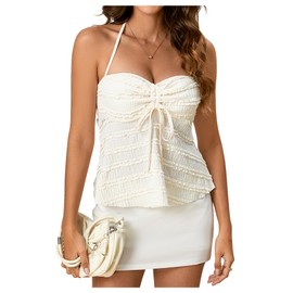SOLY HUX Women's Peplum Halter Crop Tops Y2K Drawstring Tie Ruched Dressy Casual Spaghetti Strap Cami Top Apricot M