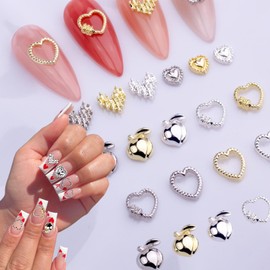 30Pcs Love Heart Nail Art Charms 3D Silver Gold Nail Rhinestones Love Heart Nail Gems Alloy Love Heart Nail Diamonds Valentine's Day Heart Nail Jewelry Peach Nail Jewel for Women Acrylic Nail Supplies