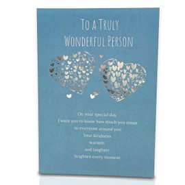 DOUBLESHOOT Heartfelt Birthday Card – Elegant Blue Design with Silver Hearts, “To a Truly Wonderful Person” Cover, Pre-Written Heartfelt Happy Birthday 3-Part Wishes, 8.3 x 5.8 Inches