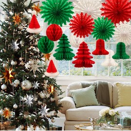 bng-bng Christmas Decorations 16pcs Paper Fans Snowflake Honeycomb Trees Bell Hat Tissue Paper Pom Poms for Xmas Christmas New Year Winter Festival Home Party Decoration Wall Ceiling Hanging Decor