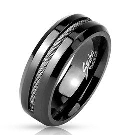 Bungsa Men's Ring Black Ring with Cable Middle Ring for Men Stainless Steel 60 62 64 67 70 (Ring Women's Finger Ring Partner Rings Engagement Rings Wedding Rings Women's Ring Stainless Steel Ring