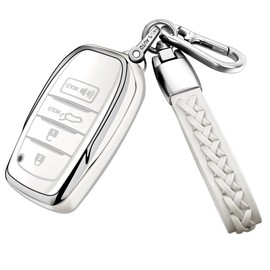 Autophone for Key Fob Cover with Leather Keychain Soft TPU Protection Key Case for 2025 Camry 2019-2024 Venza, RAV4 Prime, Land Cruiser, Fortuner, Grand Highlander, Corolla, 4 5-Button(White)