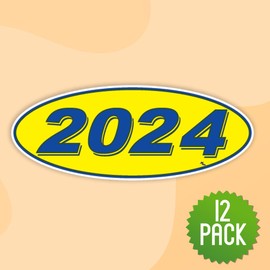 Versa Tags 2024 Oval Model Year Car Dealer Window Stickers Proudly Made in The USA Versa Oval Model Windshield Year Stickers are Blue and Yellow in Color Come Twelve (12) to A Pack