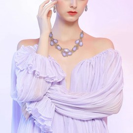 Firstmeet Shiny Resin Water Drop Collar Necklace with Earrings(XL-1100-Lilac Purple)