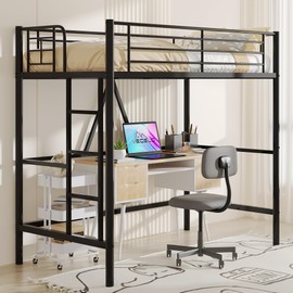 VECELO Loft Bed Twin Size, Metal Bedframe with Removable Ladder and Safety Guardrail, No Box Spring Needed, Space Saving, Noise Free, Matte Black
