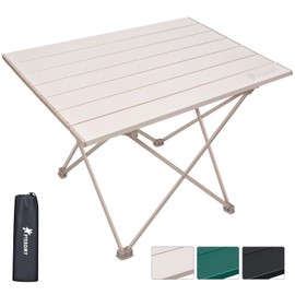 PTEROMY Folding Camping Table with Ultralight Aluminum Tabletop, Camping Side Table Portable Beach Table Outdoor Folding Table for Camping, Picnics, and BBQs (Large, Beige)