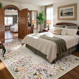 Lahome Boho Floral Beige Washable 8x10 Area Rugs for Living Room, Non Slip Rugs for Bedroom, Indoor Throw Dining Room Carpet for Under Table Home Office Playroom(Beige,8x10)