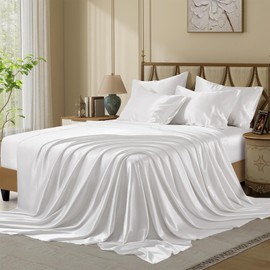 VCUSUELER Silk Like Satin Bed Sheets, 6-Piece White King Size Satin Sheets for Hair and Skin, Luxury Silky Bedding Set with Deep Pocket for Mattress (King, White)