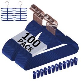 VECELO Premium Velvet Clothes Hangers Suit Heavy Duty (100 Pack)-Non Slip & Space-Saving with 12 Finger Clips & 2Tie Rack Excellent for Men and Women,Blue