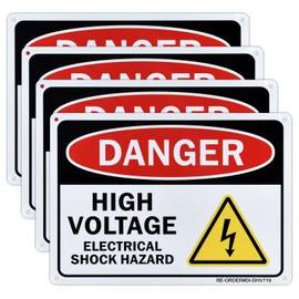 Danger High Voltage Sign- 4 Pack, Electrical Shock Hazard Sign- 10x7 Inches Aluminum Warning Sign for Indoor or Outdoor Use- Reflective UV Protected and Weatherproof