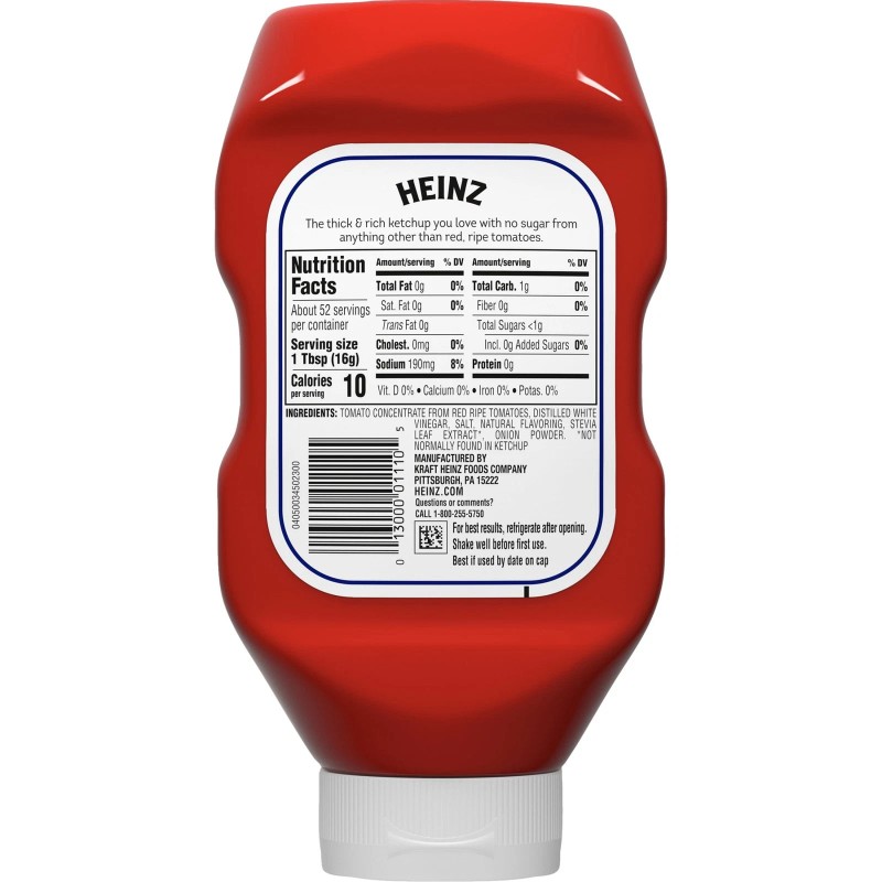 Heinz Tomato Ketchup with No Sugar Added, 29.5 oz Bottle,