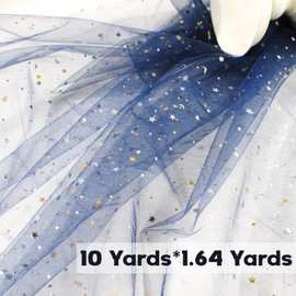 URROMA Navy Blue Glitter Fabric, Star Moon Pattern Polyester Mesh Tulle Fabric Sequin Ribbon Netting Fabric for Dress Sewing DIY Crafts Party Decor,10 * 1.64 Yards