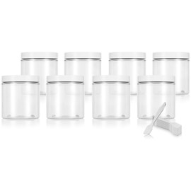 JUVITUS 8 oz Clear PET Plastic Jar with White Smooth Lid (8 pack) + Spatulas