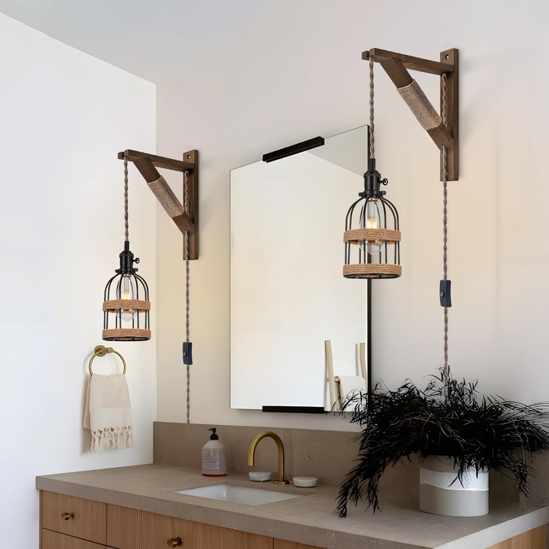SEEBLEN Rustic Plug in Pendant Lights Set of 2,Farmhouse Wooden