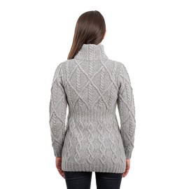 SAOL - 100% Merino Wool Ladies Cable Knit Cardigan Full Zip Irish Coat (Grey, Small)