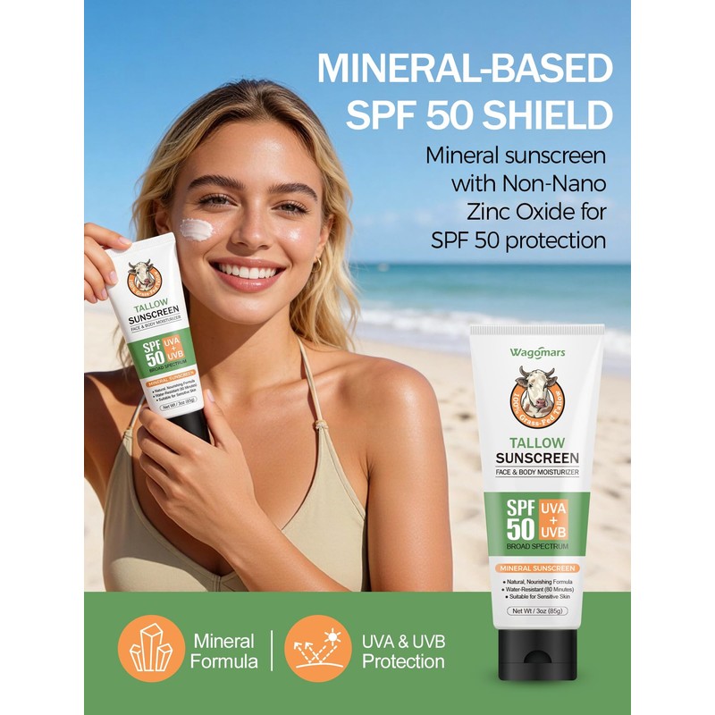 Beef Tallow Sunscreen SPF 50 - Non-Toxic Natural Mineral Sunscreen
