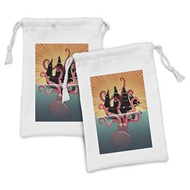 Ambesonne Kraken Fabric Pouch Set of 2, Coral Sea Monster Sinking the Boat Retro Myths Ocean Folk Stories Inspired Artwork, Small Drawstring Bag for Toiletries Masks and Favors, 9" x 6", Multicolor
