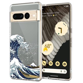 Unov Compatible with Pixel 7 Pro Case Clear with Design Soft TPU Shock Absorption Slim Embossed Pattern Protective Back Cover for Pixel 7 Pro 6.7inch (Great Wave)