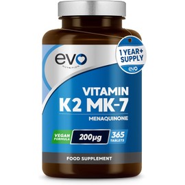 EVO NUTRITION Vitamin K2 MK-7 200mcg | 365 Vegetarian and Vegan Tablets (not Capsules) | 1-A-Day | Supports Maintenance of Normal Bones | One Years Supply of High Strength Vitamin K2 Menaquinone MK7