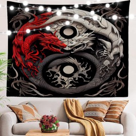 BaoNews Yin Yang Tapestry,Black White Dragons Red Chinese Map Large Wall Hanging Polyester Tablecloths Tapestry Bedroom Room Living Room Dorm 51.2 x 59.1 inches