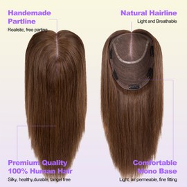 Lovenea Human Hair Toppers for Women 18 * 20 cm Large Area Cover 8 Inch 4# Color Straight Hair Swiss Lace Base Clip in Human Hair Topper Hairpiece for Hair Loss Thinning Hair (8 Inch, 4#)