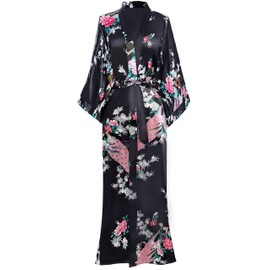 BABEYOND Women's Kimono Robe Long Robes with Peacock and Blossoms Printed Kimono Nightgown 53 inches Long