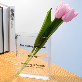 YOOCHUENG Clear Book Vase Acrylic Flower Vase for Living Room Flowers Aesthetic Room Deco Vase Small Vases for Table Deco with Luminous Stone and 3 Fake Flowers,English Vase
