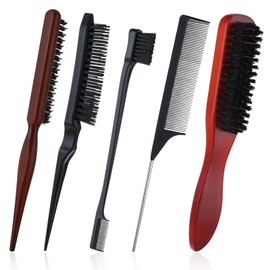 Bewudy 5 Pcs Slick Back Hair Brush Set, Bristle Brush Edge Control Teasing Comb, Rat Tail Combs for Woman Girl Smooth Hair Flyaways Styling