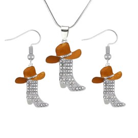 Fuqimanman2020 Colorful Rhinestone Western Boots Necklace Earrings Set for Women Boho Cowgirl Cowboy Enamel Hat Boot Drop Dangle Earrings Country Concert Party Outfits Jewelry Gift, Zinc, No Gemstone