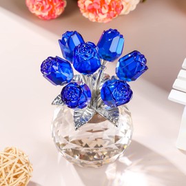 Crystal Blue Rose Bouquet Figurines Gifts for Her on Sapphire Anniversary, Romantic Presents for Women on Valentine's Day Mother's Day Birthday Christmas, Glass Collectible Rose Floral Ornament Home
