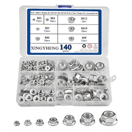 XINGYHENG 140Pcs 7Kinds 304 Stainless Steel M3 M4 M5 M6 M8 M10 M12 Stainless Steel DIN6923 Hex Flange Nut Assortment Kit with Figured Teeth for Anti-Slip and Anti-Loose